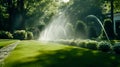 Automatic watering of the green lawn. The nozzle sprays water onto the lawn. Automatic lawn care