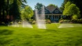 Automatic watering of the green lawn. The nozzle sprays water onto the lawn. Automatic lawn care