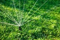 Automatic watering lawns at the green garden meadow. Royalty Free Stock Photo