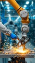 Automation authority Manager and engineer supervise industrial robotic arms