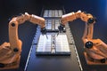 Robot assembly line with electric car battery cells module on platform