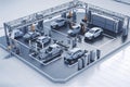 Automation automobile factory concept with 3d rendering robot assembly line with electric car battery cells module on platform