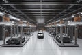 Automation automobile factory concept with 3d rendering robot assembly line with electric car battery cells module on platform