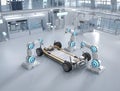 Automation automobile factory concept with robot assembly line with electric car battery cells module on platform