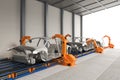 Automation automobile factory concept with robot assembly line in car factory