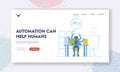 Automation can Help Human Landing Page Template. Ai Cyborg Character Multitasking at Office Desk, Rpa Vs Manual Labor