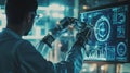 Automation engineer programming robotic arm in high-tech lab advanced robotics tech environment innovative concept