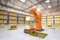 Automation factory or cargo with robot arms and warehouse robots