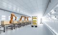 Automation factory or cargo with robot arms and warehouse robots