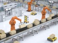 Automation factory or cargo with robot arms and warehouse robots