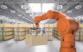 Automation factory or cargo with 3d rendering robotic arm carry cardboard box