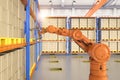 Automation factory or cargo with 3d rendering robotic arm carry cardboard box