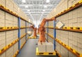 Automation factory or cargo with 3d rendering robotic arm carry cardboard box