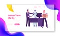 Automation, Futuristic Technologies, AI Landing Page. Human Vs Robot. Boss Shaking Hand to Cyborg Taken in Office