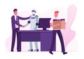 Automation, Futuristic Technologies and Artificial Intelligence Concept. Human Vs Robot. Boss Shaking Hand to Cyborg