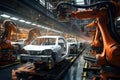 Automation industry concept. Automotive assembly line in factory. 3D rendering, robotic car production line, AI Generated