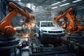 Automation industry concept. Automotive industry robot arms working on assembly line in factory, robotic car production line, AI Royalty Free Stock Photo