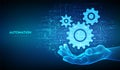 Automation and IOT software concept. Gears icons made with binary code in wireframe hand. Digital binary data and streaming Royalty Free Stock Photo