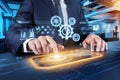 Automation and optimisation concept. Robotic process automation of business man touching on digital screen