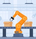 Automation production line with robot technologies. Robotic arms collect goods in boxes. Vector illustration