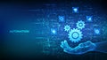 Automation Software. Gears icon made with binary code in hand. IOT and Automation icons connections. Digital binary data and Royalty Free Stock Photo