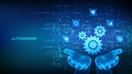 Automation Software. Gears icon made with binary code in hands. IOT and Automation icons connections. Digital binary data and Royalty Free Stock Photo