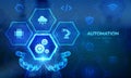Automation Software icon in wireframe hands. IOT and Automation concept as an innovation, improving productivity in technology and