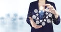 Automation Software Technology Process System Business concept. Two hand holding virtual holographic circular diagram icon with Royalty Free Stock Photo