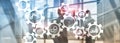 Automation technology and smart industry concept on blurred abstract background. Gears and icons