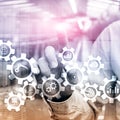 Automation technology and smart industry concept on blurred abstract background. Gears and icons