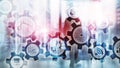 Automation technology and smart industry concept on blurred abstract background. Gears and icons