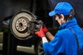 Automobile brake pads replacement in car repair shop or garage