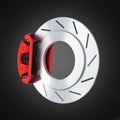 Automobile braking system.Car part steel brake disk on black background 3d