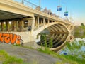 Automobile concrete bridge over the river Dnepr early morning at spring. Downtown. May 2, 2023 in Kiev,Ukraine Royalty Free Stock Photo