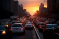 automobile congestion in the evening sunset rush hour in metro city. Generative AI