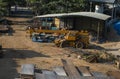 Automobile crane with risen telescopic boom outdoors. Mobile construction crane on a constructin site. Crane machine Royalty Free Stock Photo