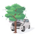 Automobile damaged by colliding with tree. Run-off-road collision. Traffic or motor vehicle accident or car crash Royalty Free Stock Photo