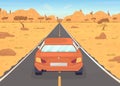 Automobile on desert road flat color vector illustration Royalty Free Stock Photo