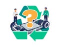Automobile Engineers Working on Electric Car Battery Module Platform Chassis with Recycle Symbol