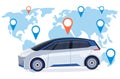 Automobile with location pin online ordering taxi car sharing concept mobile transportation carsharing service world map Royalty Free Stock Photo