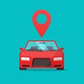 Automobile with map pointer vector sign, flat cartoon car or auto with location pin, concept of rent place or online