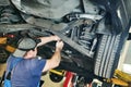 Automobile mechanic checks car suspension in service station