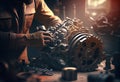 Automobile mechanic repairman hands repairing a car engine automotive workshop with a wrench, car service and