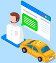 Automobile near customer support operator man. Taxi service dispatcher application icon next to car