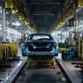 Automobile production line. Car body repair series. Modern automobile factory. Generative AI