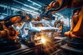 Automobile production line. Welding car body. Modern car assembly plant. Auto industry. Interior of a high-tech factory, modern Royalty Free Stock Photo