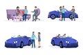 Automobile purchase process steps illustrations set. Smiling young couple, customers and retail agent cartoon characters