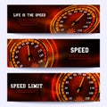 Automobile racing vector banners with car speedometer