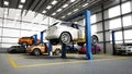 Automobile repair shop or car repair garage interior with cars on the lifts. 3D illustration