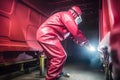 automobile repairman painter hand in protective glove with airbrush pulverizer painting car body in paint chamber